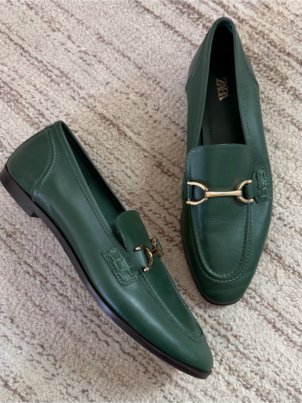 Zara Dark Green Leather Loafers with Gold Horsebit